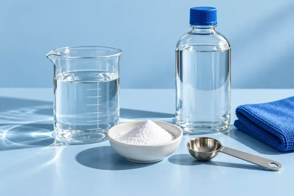KI-generiertes Themenbild: Wasser, Natron und Tuch für selbst gemachte Reinigungsmittel